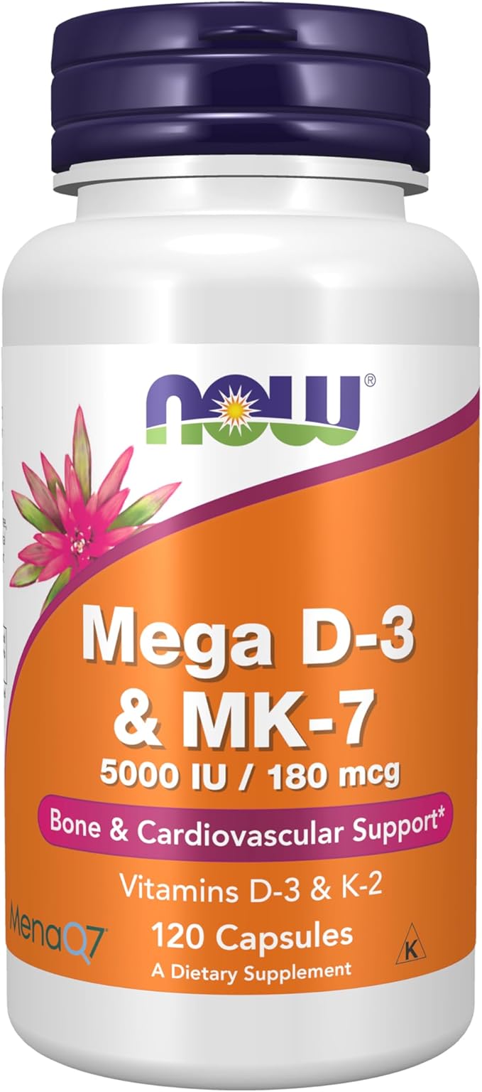 NOW Supplements, Mega D-3 & MK-7, 5000 IU / 180 mcg, Bone & Cardiovascular Support*, Vitamins K-3 & K-2, 120 Capsules
