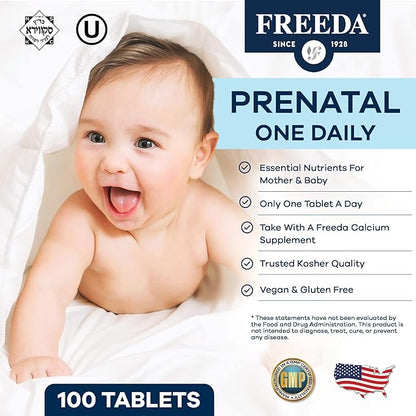 FREEDA Prenatal Vitamin - Kosher Prenatals - Prenatal Vitamins with Iron, Prenatal Folic Acid, Choline, Vitamin D - One Daily Pre Natal Multivitamin Support for Pregnant & Lactating Women (100)