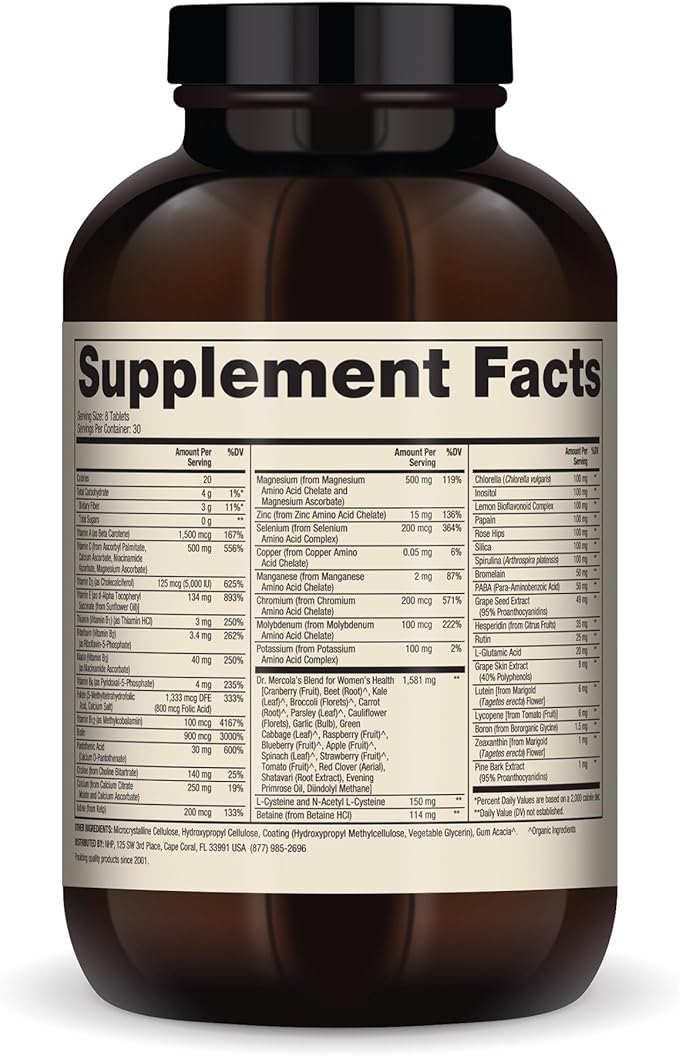 Dr. Mercola Whole-Food Complex with Added Multivitamin Plus Vital Minerals for Women, 30 Servings (240 Tablets), Dietary Supplement, Supports Overall Health