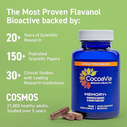 CocoaVia Memory+ Brain Supplement, Clinically Proven Memory and Brain Booster, Plant Based Supplement, Sugar Free, Gluten Free, Vegan, 750 mg Cocoa Flavanols Capsules, 30 Day Supply