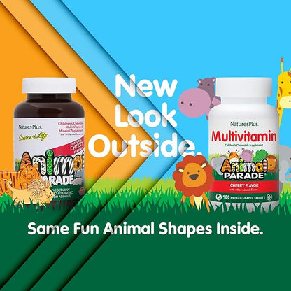 Natures Plus Animal Parade Children's Chewable Multivitamin - Cherry Flavor - 180 Animal-Shaped Tablets - Promotes Health & Well-Being - Vegetarian, Gluten Free - 90 Servings