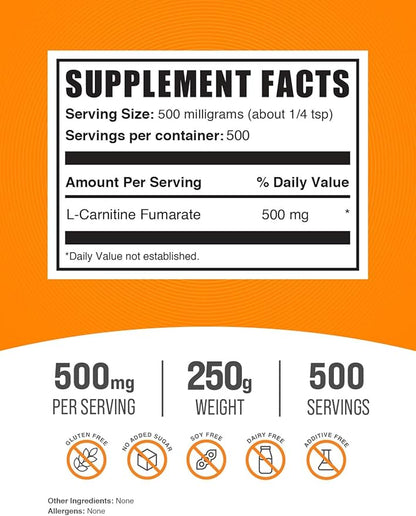 BulkSupplements.com L-Carnitine Fumarate Powder - Carnitine Supplement, Carnitine Powder, L-Carnitine 500mg - Gluten Free, 500mg per Serving, Gluten Free, 250g (8.8 oz) (Pack of 1)