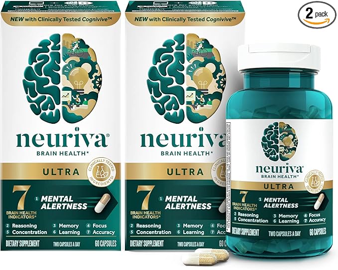 NEURIVA Ultra Decaffeinated Clinically Tested Nootropic Brain Supplement for Mental Alertness, Memory, Focus & Concentration, Cognivive, Neurofactor, Phosphatidylserine, 60ct Capsules (Pack of 2)
