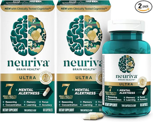 NEURIVA Ultra Decaffeinated Clinically Tested Nootropic Brain Supplement for Mental Alertness, Memory, Focus & Concentration, Cognivive, Neurofactor, Phosphatidylserine, 60ct Capsules (Pack of 2)