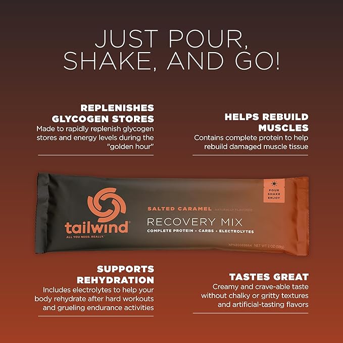 Tailwind Nutrition Recovery Mix, Complete Protein, Carbohydrates, and Electrolytes Powder Drink Mix for Post-Workout, Free of Gluten, Soy, and Dairy, Vegan, 12 Servings, Salted Caramel