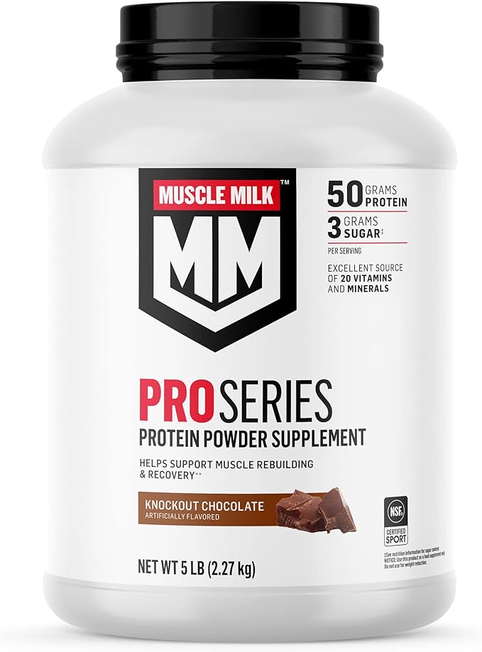 Muscle Milk Pro Series Protein Powder Supplement, Knockout Chocolate, 5 Pound, 28 Servings, 50g Protein, 3g Sugar, 20 Vitamins & Minerals, NSF Certified for Sport, Workout Recovery