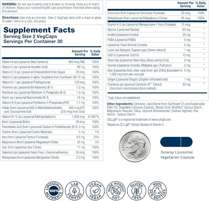 SOLARAY Liposomal Multivitamin for Women 50 Plus, Enhanced Absorption with Iron, Vitamin D, Vitamin C, B12, Biotin & More, Immune Support & Bone Health, Vegan, 30 Servings, 60 VegCaps