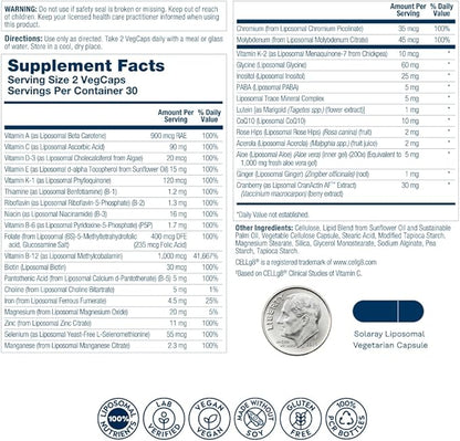 SOLARAY Liposomal Multivitamin for Women 50 Plus, Enhanced Absorption with Iron, Vitamin D, Vitamin C, B12, Biotin & More, Immune Support & Bone Health, Vegan, 30 Servings, 60 VegCaps