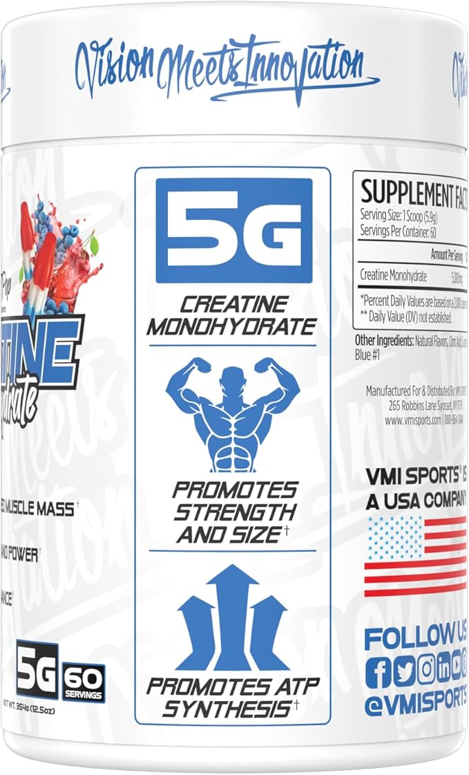 VMI Sports Creatine Monohydrate Powder Muscle Mass – Strength – Size – Power | 5 Grams per Serving (60 Servings, Patriot Pop)