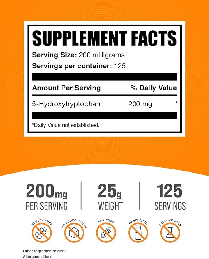 BulkSupplements.com 5-HTP Powder - 5-Hydroxytryptophan, 5 HTP Supplement - 5-HTP 200mg, Mood Support Supplement - Gluten Free, 200mg per Serving, 25g (0.88 oz) (Pack of 1)