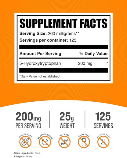 BulkSupplements.com 5-HTP Powder - 5-Hydroxytryptophan, 5 HTP Supplement - 5-HTP 200mg, Mood Support Supplement - Gluten Free, 200mg per Serving, 25g (0.88 oz) (Pack of 1)