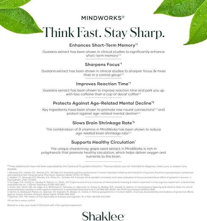 Shaklee MindWorks® - Brain Health Supplement for Brain Sharpness & Focus - Supported Nutrients & Extracts - Chardonnay Grape Seed Polyphenols, Guarana Extract, Vitamins B6, B12, Folate - 30 Tablets
