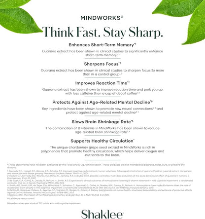 Shaklee MindWorks® - Brain Health Supplement for Brain Sharpness & Focus - Supported Nutrients & Extracts - Chardonnay Grape Seed Polyphenols, Guarana Extract, Vitamins B6, B12, Folate - 30 Tablets
