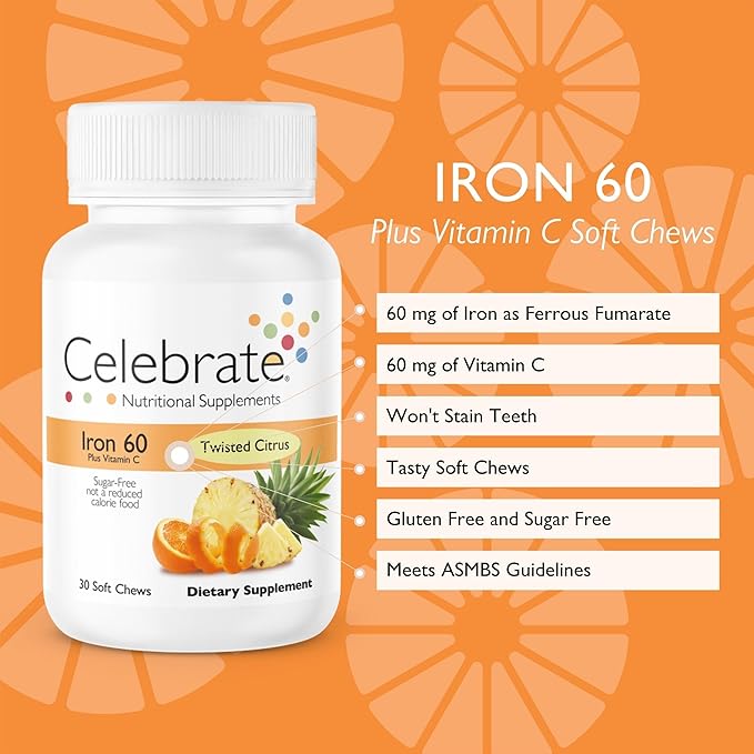 Celebrate Vitamins Iron Supplement with Vitamin C - 60mg Iron, 60mg Vitamin C, Bariatric Vitamins for WLS Patients, Vertical Sleeve & Gastric Bypass Surgery - Citrus, 30 Soft Chews
