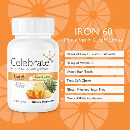 Celebrate Vitamins Iron Supplement with Vitamin C - 60mg Iron, 60mg Vitamin C, Bariatric Vitamins for WLS Patients, Vertical Sleeve & Gastric Bypass Surgery - Citrus, 30 Soft Chews