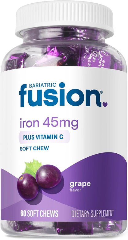 Bariatric Fusion Iron Soft Chew with Vitamin C | Grape Flavored | Chewy Vitamin for Bariatric Patients | Gluten Free | Iron Supplement for Women and Men | 60 Count | 2 Month Supply
