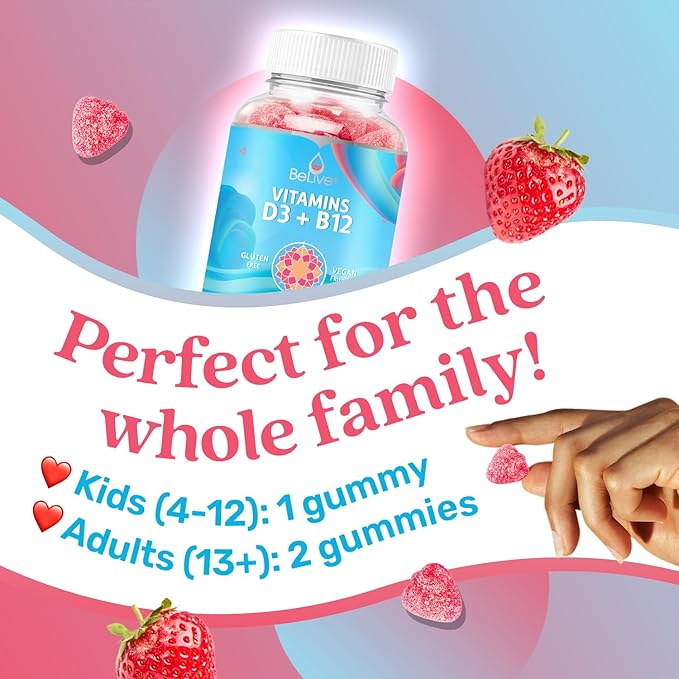 BeLive Vitamin D3 Gummies with B12 Vitamins - 60 Ct I Immune Support Gummies with Vegan Vitamin B12 & D3, Provides Enhanced Bone & Muscle Strength, Hearth Health and Energy - Strawberry Flavor