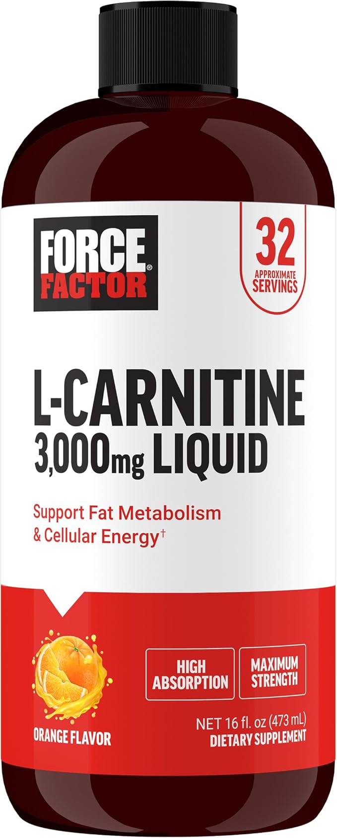Force Factor L Carnitine Supplement, Liquid L-Carnitine 3000 mg to Help Turn Fat Into Energy, Support Muscle Recovery, and Boost Cellular Energy, Maximum Strength, Non-GMO, Orange Flavor, 16 Oz.