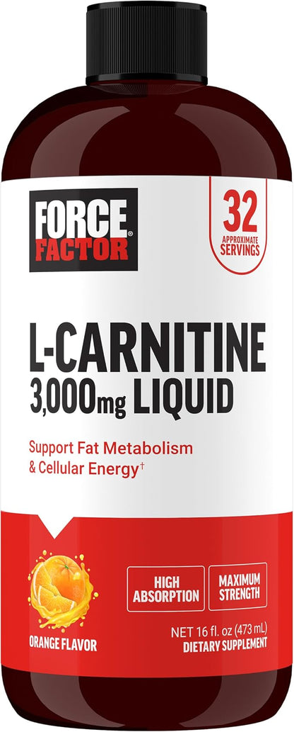 Force Factor L Carnitine Supplement, Liquid L-Carnitine 3000 mg to Help Turn Fat Into Energy, Support Muscle Recovery, and Boost Cellular Energy, Maximum Strength, Non-GMO, Orange Flavor, 16 Oz.