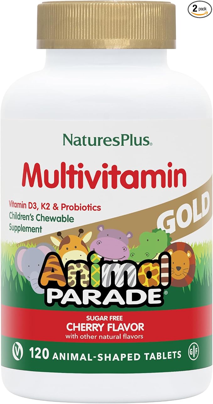 Natures Plus Animal Parade Gold Children's Chewable Multivitamin - Natural Cherry Flavor - 120 Animal Shaped-Tablets, Pack of 2 - with Vitamin D3, K2 & Probiotics - 120 Total Servings