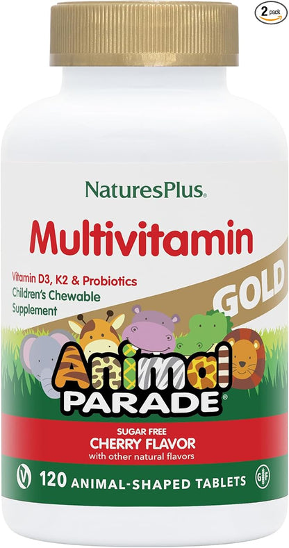 Natures Plus Animal Parade Gold Children's Chewable Multivitamin - Natural Cherry Flavor - 120 Animal Shaped-Tablets, Pack of 2 - with Vitamin D3, K2 & Probiotics - 120 Total Servings