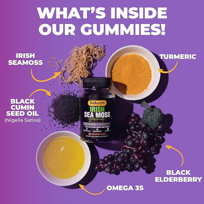Sakoon nutrition Irish Sea Moss Gummies w/Elderberry & Black Seed Oil - Beauty, Joints & Immune Support | Rich in Vitamins, Raspberry Flavor | 60 Gummies