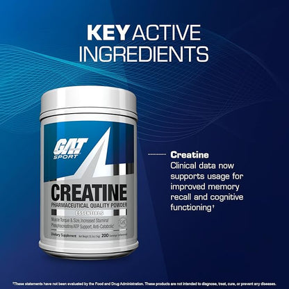 GAT SPORT Creatine Monohydrate Powder, Strength, Brain Health, Anti-oxidant, Endurance, for Men & Women, Unflavored (1000g)