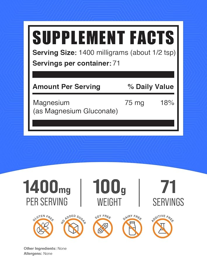 BulkSupplements.com Magnesium Gluconate Powder - Magnesium Gluconate Supplement, Essential & Gluten Free - 1400mg (75mg of Magnesium) per Serving, 100g (3.5 oz) (Pack of 1)