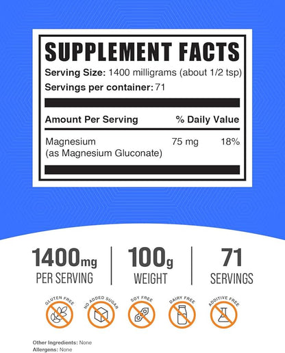 BulkSupplements.com Magnesium Gluconate Powder - Magnesium Gluconate Supplement, Essential & Gluten Free - 1400mg (75mg of Magnesium) per Serving, 100g (3.5 oz) (Pack of 1)