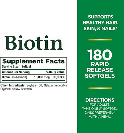 Nature's Bounty Biotin, Supports Healthy Hair, Skin and Nails, 10,000 mcg, Rapid Release Softgels, 180 Ct
