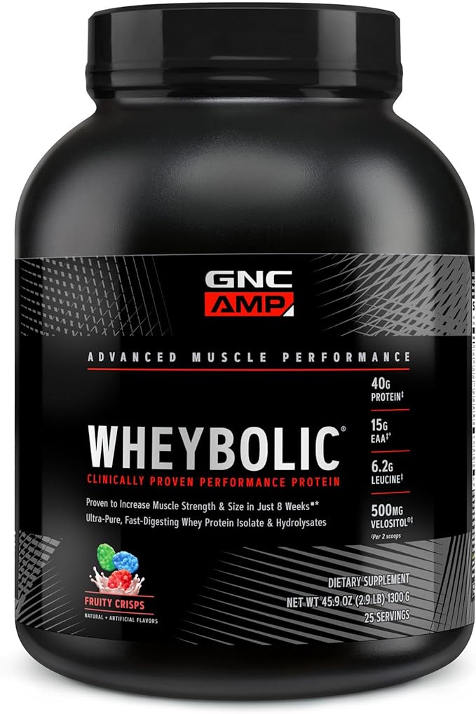 GNC AMP Wheybolic Whey Protein Powder Isolate with BCAA | Targeted Muscle Building and Workout Support Formula | Gluten Free | Fruity Crisps | 25 Servings
