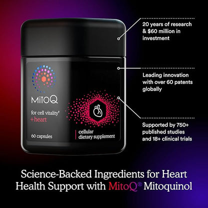 MitoQ +Heart Premium CoQ10 Antioxidant - Contains Mitoquinol Mesylate, Magnesium, L-Carnitine & Vitamin D3 - Supports Cardiovascular and Circulatory Health, & Cell Vitality (60 Capsules)