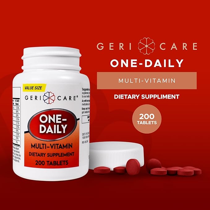 One-Daily Multi-Vitamin Tablet, 200 Count by GeriCare| Adult Multivitamin Supplement for Men & Women | Easy-to-Take Dietary Supplement with Vitamins A, C, D3, B, Calcium| Vitamin & Mineral Complex