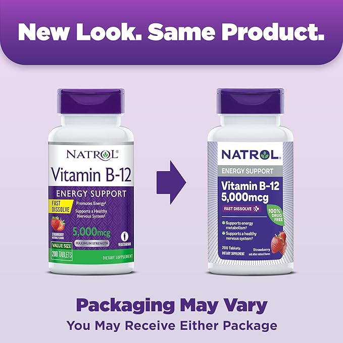 Natrol Vitamin B12 5,000 mcg, Fast Dissolve Vitamin B12 Supplement Supports a Healthy Nervous System and Energy Metabolism, 200 Tablets, Up to a 200 Day Supply