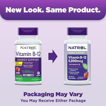 Natrol Vitamin B12 5,000 mcg, Fast Dissolve Vitamin B12 Supplement Supports a Healthy Nervous System and Energy Metabolism, 200 Tablets, Up to a 200 Day Supply