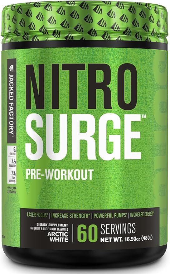 Jacked Factory NITROSURGE Pre Workout Supplement - Endless Energy, Instant Strength Gains, Clear Focus, Intense Pumps - Nitric Oxide Booster & Preworkout Energy Powder - 60 Servings, Arctic White
