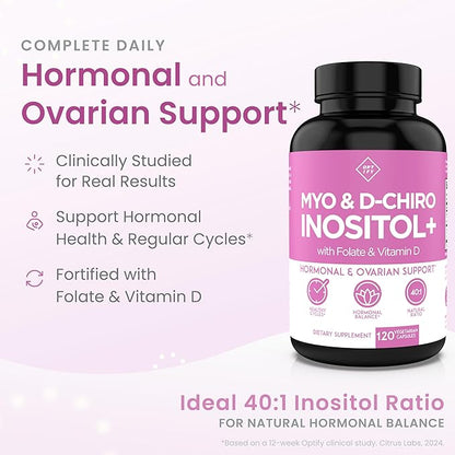 Premium Inositol Supplement - Myo-Inositol and D-Chiro Inositol Plus Folate and Vitamin D - Ideal 40:1 Ratio - Healthy Hormone Balance & Healthy Ovarian Support for Women - Vitamin B8-30 Day Supply