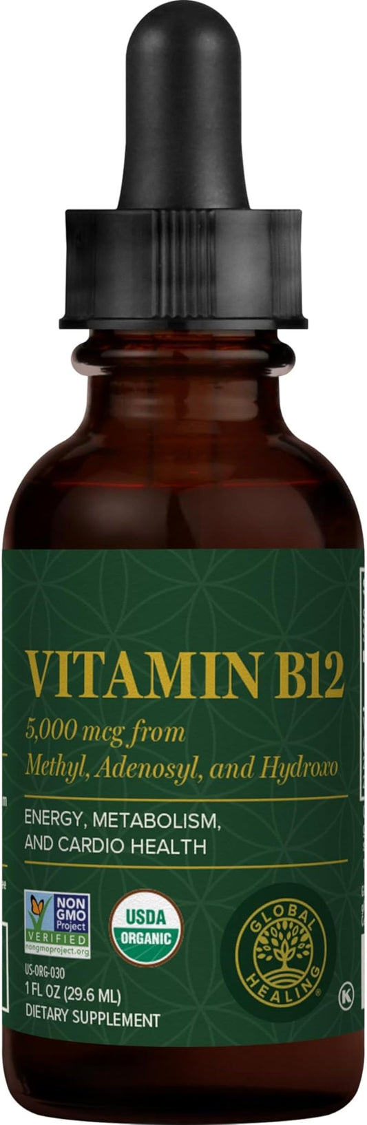 Global Healing Vitamin B12 Sublingual 5000 mcg Organic Liquid Supplement, Methylcobalamin, Adenosylcobalamin, Hydroxo Long-Lasting Energy and Healthy Metabolism - Vegan B12 Vitamins (1 Oz)