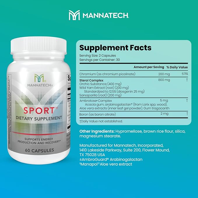 Mannatech Sport Supports Energy, Production & Recovery. During & After Workout Vitamins Formulated with Boron, Chromium & Natural Herbs 60 Capsules