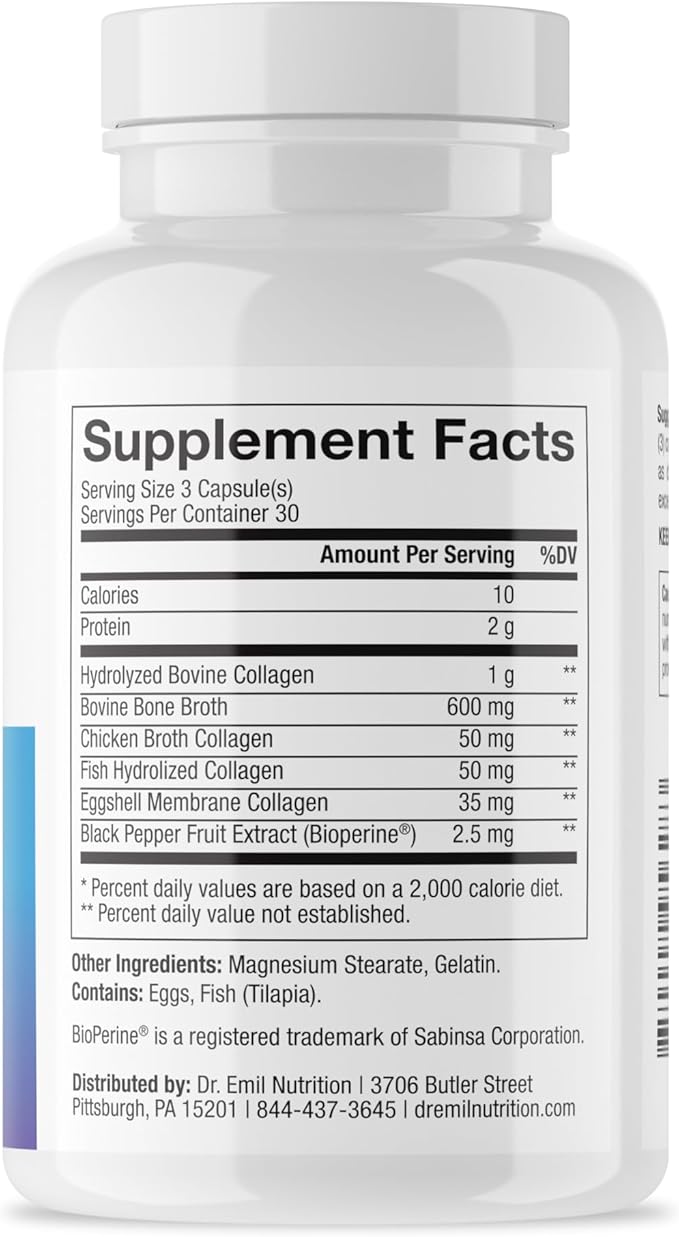 DR. EMIL NUTRITION Multi Collagen Pills - Collagen Supplements to Support Hair, Skin, Nails, & Joints - Hydrolyzed Collagen Supplements for Women with Types I, II, III, V & X - 90 Capsules