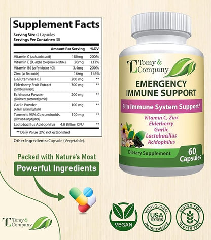 Emergency Immune Support Elderberry Capsules, for Men and Women, with Vitamin C, Vitamin D3, Zinc, Gluten Free, Vegetarian 60 Capsules