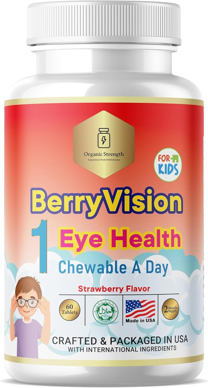 Kids Eye Health 1 Chewable Tablet A Day Halal Vitamins Strawberry Flavor 60 Servings for Age 4-12.