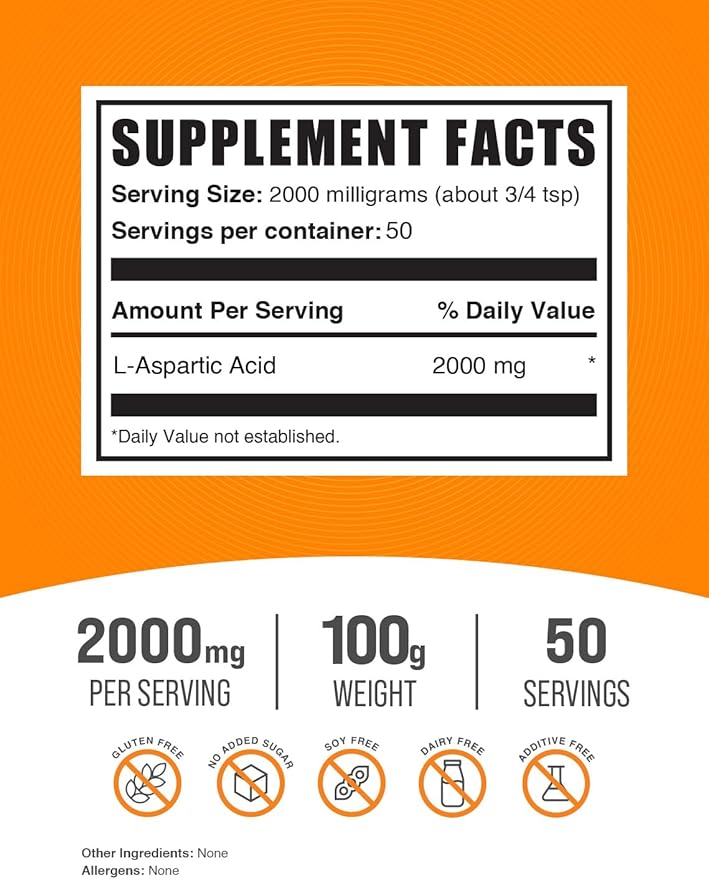 BulkSupplements.com L-Aspartic Acid Powder - Aspartic Acid Supplement, Amino Acids Supplement for Energy Support - Gluten Free, 2000mg per Serving, 100g (3.5 oz) (Pack of 1)
