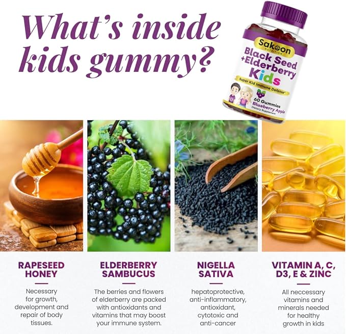 Sakoon nutrition Elderberry & Black Seed Oil Gummies for Kids, Immune Support Gummies, with Vitamin C and Zinc, Delicious Berry Flavor, 60 Gummies