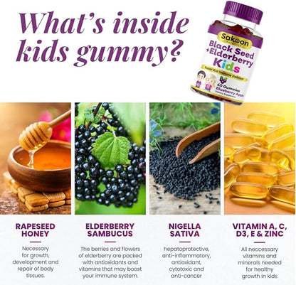 Sakoon nutrition Elderberry & Black Seed Oil Gummies for Kids, Immune Support Gummies, with Vitamin C and Zinc, Delicious Berry Flavor, 60 Gummies