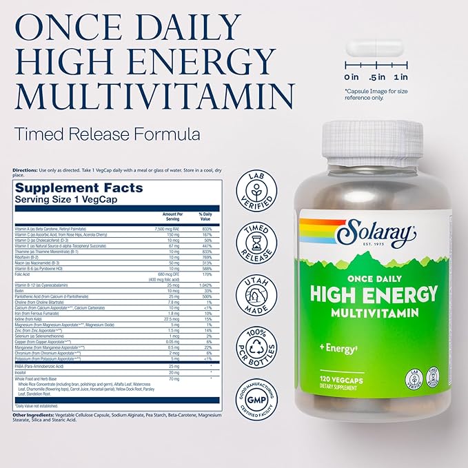 SOLARAY High Energy Multivitamin | Once Daily, Timed-Release Formula | Whole Food & Herb Base | Non-GMO