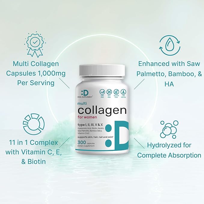 Multi Collagen Pills with Vitamin C, E & Biotin, 300 Capsules – Hydrolyzed Collagen Peptides – 11 in 1 Formula with Saw Palmetto, Bamboo Silica, & Hyaluronic Acid – Hair, Skin, Nail, & Joint Health