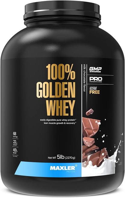 Maxler 100% Golden Whey Protein - 22g Protein per Serving - Premium Whey Protein Powder for Pre Post Workout - Fast-Absorbing Whey Concentrate Isolate & Hydrolysate Blend - Milk Chocolate Protein 5 lb