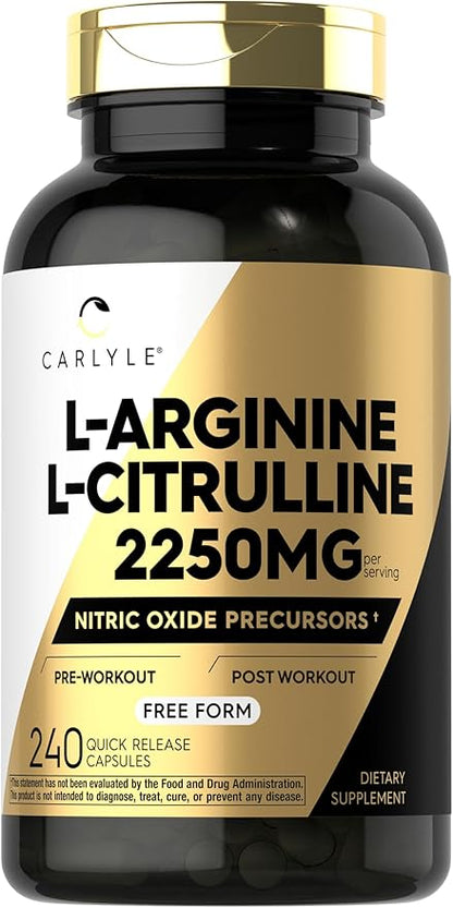 Carlyle L-Arginine L-Citrulline Supplement | 2250mg | 240 Capsules | Nitric Oxide Precursors | Free Form | Non-GMO & Gluten Free