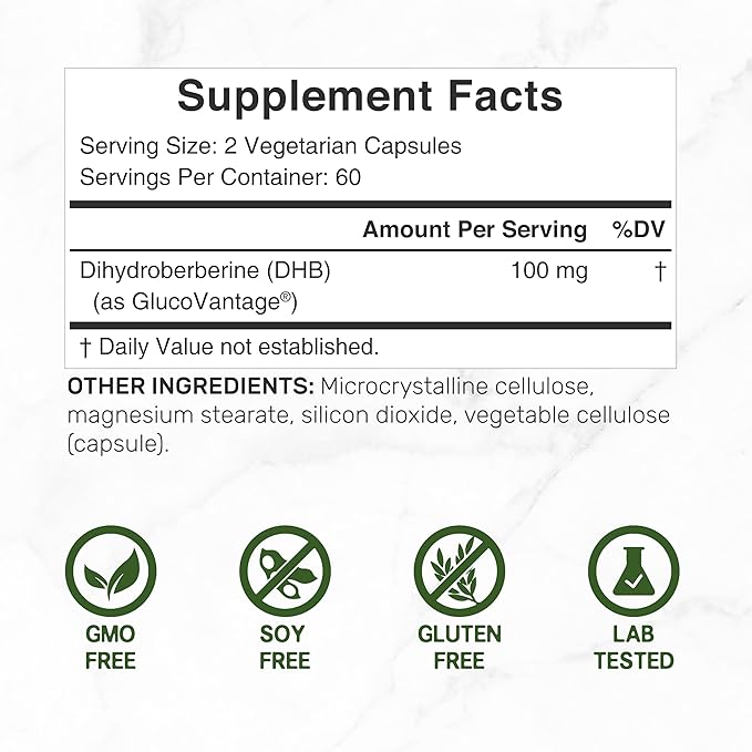Dihydroberberine 100mg Per Serving, 120 Veggie Capsules – 5X More Bioavailable Than Berberine HCL – Heart Health Supplement – GlucoVantage Formula, Vegan, Non-GMO